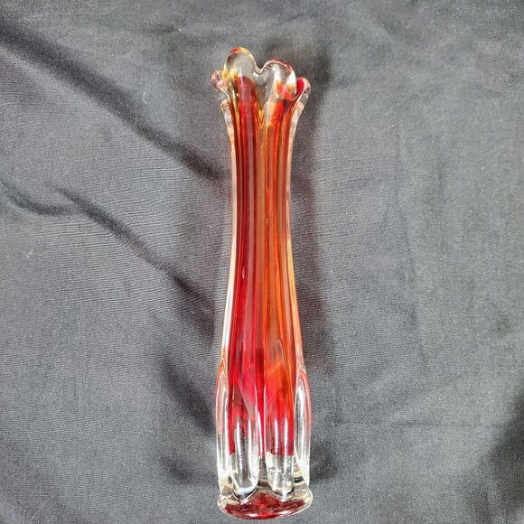 Vintage Amberina Red Orange Art Glass Bud Vase | Mid Century Hand Blown Ruffled - Picture 10 of 13